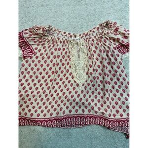 Forever 21 Boho Lace Bib Off Shoulder Peasant Top Red Cream Floral Print Large
